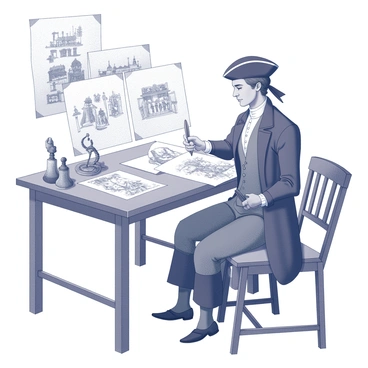 An illustrator is seated at a wooden drawing table, surrounded by parchment and ink. The illustrator is wearing clothing typical of a specific historical period, such as a long flowing coat, a waistcoat, and a tricorn hat. They are intently focused on their work, holding a quill in one hand and drawing intricate scenes that depict life from the past. Various sketches and illustrations are scattered around the drawing table, showcasing people and activities from that era, such as market scenes, gatherings, and architectural details relevant to the time. The setting is filled with historical artifacts, adding context to the illustrator's creative process.