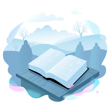 A large, ancient book is open on a weathered wooden table. The pages of the book are filled with intricate, glowing symbols and illustrations that have a faint luminescent quality. Surrounding the book are shadowy figures that are vaguely defined, appearing as dark silhouettes against the foggy landscape. The background features a dense fog rolling over rolling hills, creating an ethereal atmosphere. The landscape is dotted with twisted trees and the faint outlines of distant mountains. The overall scene is illuminated with soft, diffused light that enhances the mysterious aura of the setting.