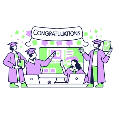 A virtual celebration scene featuring multiple graduates showcasing their digital projects. In the foreground, a group of four graduates is visible, each in caps and gowns, standing in front of their laptops. One graduate is displaying a colorful digital infographic, while another is presenting a video project on a screen. The third graduate is showcasing an interactive website, pointing to the screen with excitement, and the last is holding up a tablet that displays a digital art piece. Behind them, a colorful banner reads "Congratulations Graduates!" with icons representing various fields of study interspersed throughout the design.