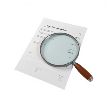 A large magnifying glass positioned over a profit statement, with the glass lens magnifying key figures such as "Total Revenue," "Net Profit," and "Expenses." The profit statement features a clean, professional layout with clearly defined sections and numbers presented in a bold font. The magnifying glass has a polished metal frame and a smooth wooden handle. In the background, there is a subtle hint of a desk surface, suggesting an office environment.
