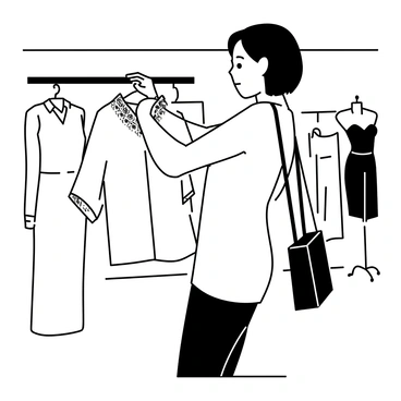 A young woman with short hair, wearing a stylish outfit, is browsing through racks of clothing at a fashion boutique. She is examining a trendy blouse with intricate details, holding it up against herself to assess its fit. The boutique is filled with various fashionable garments, showcasing dresses and accessories. In the background, there are mannequins displaying outfits and elegant lighting illuminating the space. The woman appears focused and interested, with a shopping bag hanging from her shoulder.
