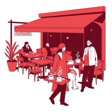 A red street café in Casablanca features intricately designed tables and chairs. The café has a colorful awning providing shade from the sun. Patrons are seated at the tables, some engaged in conversation, while others are enjoying their drinks. A waiter carries a tray laden with steaming cups of aromatic Moroccan coffee, their rich brown color contrasting with the vibrant surroundings. Decorative plants in pots are placed around the café, adding greenery to the scene. A small signboard displays the café's name in elegant script, inviting more guests to join.