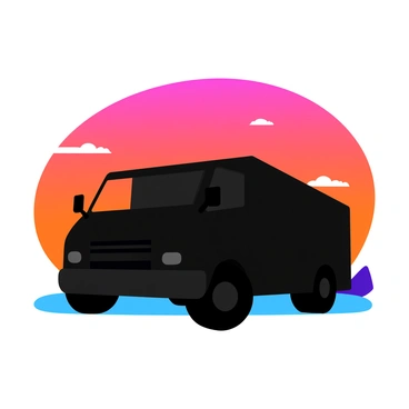 A large truck is depicted as a dark silhouette, showcasing its distinct shape and features. The truck stands against a sky filled with vibrant hues of orange, pink, and purple, blending together in a breathtaking sunset. Wispy clouds scatter across the sky, reflecting the colorful light. The truck's wheels and outline are clearly defined against the radiant backdrop.