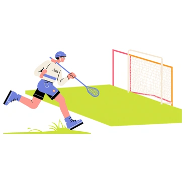 A lacrosse player wearing a blue helmet and a white jersey is charging towards the goal. The player has a determined expression and is gripping a lacrosse stick tightly. The stick is positioned back, ready for a powerful shot. The green field is visible in the background, and a goal with a net is directly ahead. The player's cleats are kicking up grass as they sprint forward.