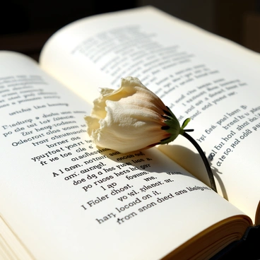 A close-up view of a withered flower with dried petals and a faded stem, gently resting on the pages of an open book of poetry. The book features elegant, flowing text printed in black ink, and the paper shows slight yellowing at the edges. The contrast between the delicate, crumpled flower and the soft, textured pages of the book highlights the theme of fleeting beauty. Sunlight softly illuminates the scene, casting subtle shadows around the flower and the book.