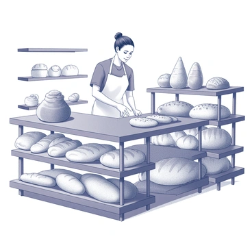 A bakery interior with wooden shelves displaying a variety of freshly baked bread and pastries. The breads include loaves with rustic crusts, baguettes with elongated shapes, and round rolls with golden tops. The pastries showcase croissants with flaky layers, danishes with fruit fillings, and muffins with domed tops. In the background, a local baker is arranging items on the shelves, wearing a white apron and a satisfied expression. The warm, inviting atmosphere is enhanced by the aroma of baked goods filling the air.