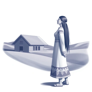 A Native American woman stands with her head turned back, glancing at her traditional dwelling that symbolizes her heritage. She wears a beautifully crafted dress adorned with intricate patterns, reflecting her cultural identity. Her long, dark hair flows down her back, gently swaying in the breeze. The landscape showcases rolling hills in the background, while the sky above is vast and open. The expression on her face conveys a sense of longing and determination as she prepares for her forced journey. The scene captures the emotional weight of her departure and the connection to her home.