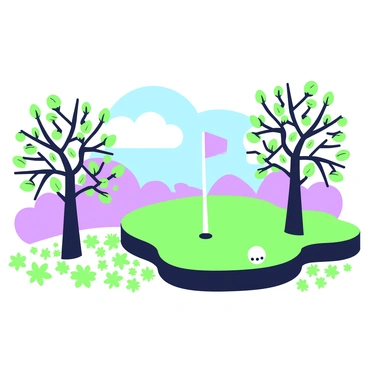 A golf hole is set in a landscape filled with autumn leaves covering the ground. The hole features a neatly trimmed green with a white flag positioned at the center. Surrounding the green, a variety of fallen leaves create a carpet of texture, while trees with branches extending overhead display a rich assortment of leaf shapes. In the background, a clear blue sky is visible, contrasting with the natural elements. A golf ball rests on the tee, ready for a shot.
