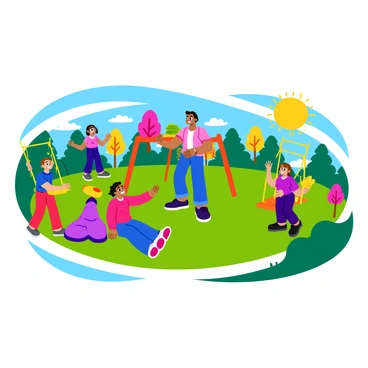 A playground scene with children of different ethnicities playing together joyfully. In the center, a person in casual clothing is arranging colorful playground equipment like swings, slides, and climbing frames. The children are smiling while playing games, swinging, and laughing. Brightly colored trees and flowers surround the playground area, adding a cheerful atmosphere. Sunlight streams down, casting soft shadows on the ground, enhancing the sense of happiness and community among the children.