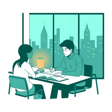 A teal tutor is sitting at a wooden desk, studying with a focused expression. Across from the tutor, a white student is attentively reading from an open book. The desk is illuminated by a warm, glowing lamp that casts soft light on their faces. In the background, through a large window, the city skyline is visible, showcasing tall buildings and twinkling lights. The scene captures a sense of concentration and collaboration between the tutor and student.