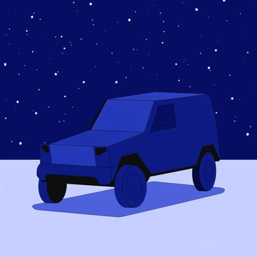 A silhouette of a G-Wagon stands against a starry night sky. The vehicle's distinct shape and angular design are outlined sharply in the darkness. The stars twinkle above, creating a scattered pattern across the sky. The ground beneath the G-Wagon is flat, providing a clear view of the vehicle's profile. The scene captures the contrast between the solid silhouette of the G-Wagon and the delicate, luminous stars in the background.