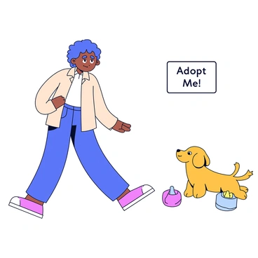 A person with a slightly hunched posture and wide eyes is cautiously stepping towards a small puppy at a shelter. The person is wearing a light jacket and jeans. The puppy is fluffy, with a golden coat and big, bright eyes. It is sitting on the floor, happily wagging its tail, which is a blur of motion. There are colorful toys scattered around the puppy, and a sign on the wall in the background reads "Adopt Me!"