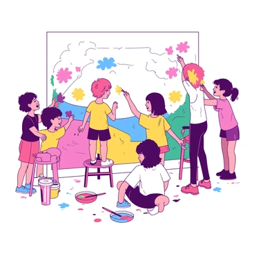 A group of children is actively painting a large mural on a white wall. Each child is holding a paintbrush, with vivid colors splashing across the surface, showcasing a vibrant scene filled with various designs like flowers, animals, and abstract shapes. Some children are standing on small stools to reach higher areas of the mural, while others are crouched down, concentrating on details near the bottom. Paint splatters are visible on the floor, demonstrating their enthusiasm and creativity. The children's faces are filled with smiles, reflecting their excitement and collaboration as they work together on this artistic project.