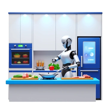 A humanoid AI robot with a sleek metallic design is actively cooking in a state-of-the-art kitchen. The robot has articulated arms, equipped with various cooking tools and utensils. The kitchen features high-tech appliances, including a modern oven, a glass cooktop, and a large refrigerator with a digital interface. The countertop is filled with fresh ingredients like vegetables, meat, and spices, all arranged neatly. The robot is stirring a pot on the stove while another hand chops vegetables on a cutting board. Bright overhead lights illuminate the scene, enhancing the shiny surfaces of the kitchen.