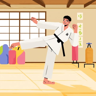 A martial arts instructor wearing a white gi is demonstrating a high roundhouse kick in a dojo. The instructor has a focused expression and is balancing on one leg while the other leg is extended forward in mid-kick. The dojo features wooden floors and bamboo mats, with traditional Japanese calligraphy on the walls. There are various martial arts training equipment, such as punching bags and wooden dummies, positioned around the space. Sunlight streams through the windows, casting dynamic shadows across the room.