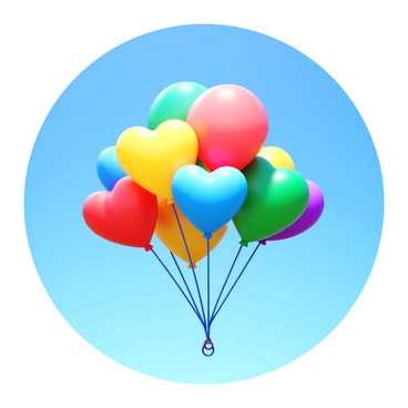A group of "colorful balloons" in various shapes and sizes, including round and heart-shaped, drifting upwards. The balloons are vibrant with colors like red, yellow, green, blue, and purple, all glinting in the sunlight. They are gently swaying and bobbing as they rise higher into a "clear blue sky" devoid of clouds, creating a cheerful and dynamic scene.