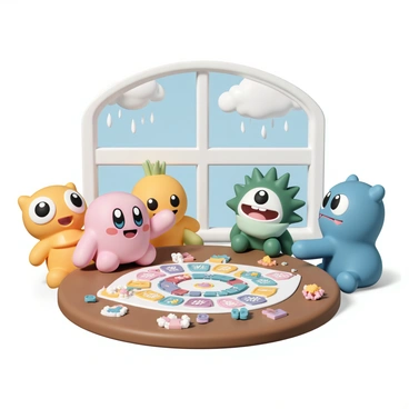 A small pink character, "Kirby," is sitting at a round wooden table, surrounded by three friends. Kirby is smiling, holding a game piece in one hand and looking excited. The friends include a yellow creature with large eyes and a round body, a green character with a big grin and spiky hair, and a blue character with a scarf around its neck. They are all engaged in a colorful board game spread out in front of them, which features bright illustrations and various game pieces. Outside the window, raindrops can be seen trickling down the glass, and gray clouds fill the sky, creating a cozy indoor atmosphere. A few snacks, including popcorn and colorful candies, are placed on the table.