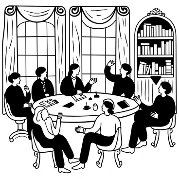 A Victorian-era literary salon with a group of writers and poets seated in a lavishly decorated room. Several individuals are gathered around a large, ornate table covered with open books, quills, and ink pots. A few people are passionately gesturing as they speak, while others listen intently, giving their full attention. Rich drapes hang from large windows, and intricate wallpaper covers the walls. A tall bookshelf filled with classic literature stands in the background, and a plush carpet lies beneath their feet. The atmosphere is vibrant with the exchange of ideas and creativity.