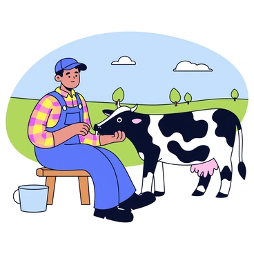 A farmer wearing a plaid shirt and overalls is sitting on a small wooden stool next to a cow. The cow is black and white, with large, expressive eyes. The farmer is gently holding the cow's udder and milking it by hand, with a small metal bucket placed on the ground to collect the milk. The scene is illuminated by the soft light of early morning, creating a warm and inviting atmosphere. In the background, there are green fields and a few trees under a clear blue sky.