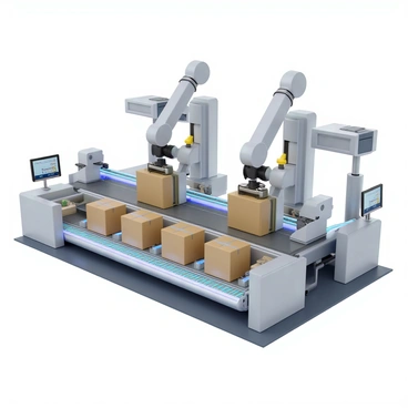 An automated conveyor system in a futuristic shipping hub, featuring sleek, metallic conveyor belts that transport packages of various sizes. The conveyor belts are lined with bright LED lights that indicate the flow of packages. Above the system, robotic arms are positioned to pick up and sort items, with sensors and cameras integrated for precision. The shipping hub has high-tech control panels displaying data in holographic form. The overall atmosphere is bright and modern, with clean lines and a spacious layout that emphasizes efficiency.