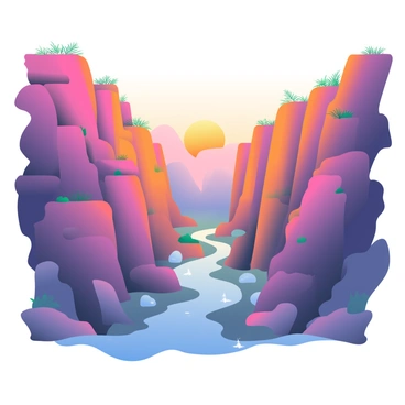 A wide chasm is showcased in the foreground, with rocky cliffs on either side. The cliffs are bathed in vibrant colors, with shades of orange, pink, and purple reflecting off their surfaces. The sun is partially below the horizon, casting a warm glow over the scene. Below, the chasm reveals a small river winding through the landscape, its surface shimmering with the hues of the sunset. Sparse vegetation clings to the cliff edges, adding touches of green amidst the colorful backdrop.