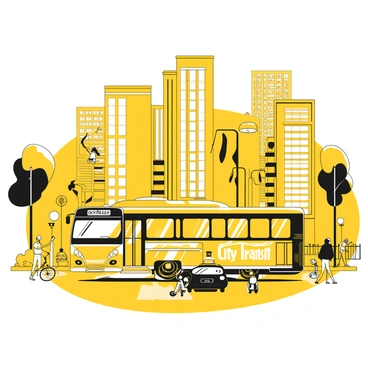 A public bus in motion on a busy city street, surrounded by tall skyscrapers reaching into the sky. The bus has a large "City Transit" sign displayed on the front. Pedestrians are walking on the sidewalks, some waiting at a bus stop. Cars and bicycles can be seen navigating the busy road alongside the bus. There are trees lining the street, and storefronts with awnings are visible, creating a lively urban atmosphere.