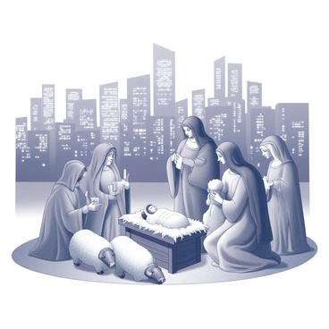 A nativity scene featuring a wooden manger surrounded by figures representing Mary, Joseph, and the infant Jesus. The setting includes a shepherd with sheep and three wise men offering gifts. In the background, a city skyline is visible, illuminated with numerous buildings and lights, conveying the sense of a bustling urban atmosphere at night. The scene is filled with a range of textures including the wooden manger, flowing robes of the figures, and soft wool on the sheep. The contrast between the serene nativity and the lively city creates a vivid juxtaposition.