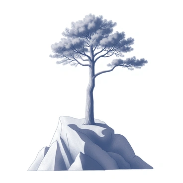 A tall cedar tree with a thick trunk and a broad canopy is positioned prominently at the peak of a rugged mountain. The tree's branches extend outward, creating a wide silhouette against the sky. The mountainous terrain surrounding the tree is characterized by steep slopes and rocky outcrops, emphasizing the tree's height and strength. The scene conveys a sense of heritage and natural beauty, with the cedar tree serving as a powerful symbol of resilience and connection to Lebanese culture.