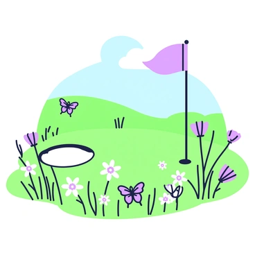 A golf hole is set in a lush green meadow. The hole is marked by a flagstick with a bright flag waving gently in the breeze. Surrounding the hole, various wildflowers bloom, with detailed petals and leaves. Butterflies are seen fluttering among the flowers, with some resting on the grass while others dance in the air. The scene is filled with a sense of openness, with clear blue skies above and a gentle landscape rolling into the distance.