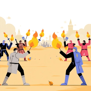 A battlefield scene with multiple soldiers on each side engaged in combat. Each soldier is depicted throwing glowing orange fireballs at their opponents. The soldiers wear distinct armor that varies in color and style, with some clad in silver and others in dark red. Explosions of flames and smoke erupt upon impact, creating a chaotic atmosphere. The ground is littered with debris and remnants of battle. In the background, a cloudy sky adds to the intensity of the scene, and a distant castle can be seen, partially obscured by smoke.