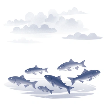 Silhouetted fish swimming gracefully near the surface of the water. The scene depicts several fish in varying sizes, their bodies outlined against the lighter shades of the water. Above, the sky is filled with an intricate array of shapes created by the clouds, forming a dramatic backdrop. The water reflects the contour of the fish, with gentle ripples surrounding them. The overall composition captures a moment of calm and natural beauty.