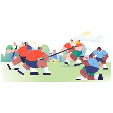 Two teams of people are engaged in a fierce tug of war. The first team, wearing red shirts, consists of five individuals, all straining with intense focus and exerting force as they pull on a thick, sturdy rope. They are positioned on a grassy field, with some members leaning back, showcasing muscles in their arms and legs. The opposing team, dressed in blue shirts, has four members, two of whom are kneeling to gain leverage, but they clearly appear to be struggling against the pull of the red team. The background features a few spectators watching the competition, some cheering enthusiastically. There are trees lining the edge of the field, and the sky above is bright and clear.