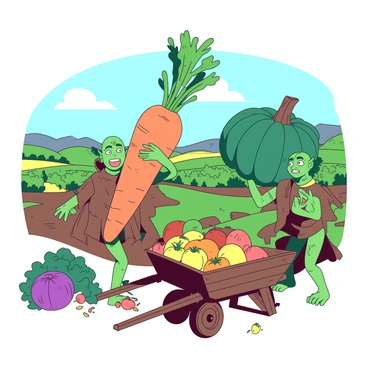 Two green-skinned goblins with pointy ears are enthusiastically harvesting oversized vegetables on a vibrant farm. One goblin, wearing a brown tattered tunic, is struggling to lift a giant bright orange carrot, its leafy top swaying in the breeze. The other goblin, dressed in a makeshift vest made of leaves, is holding a massive teal pumpkin, looking proud of their find. Surrounding them are rows of excessively large vegetables, including yellow tomatoes and purple cabbage, set against a backdrop of rolling hills and a clear blue sky. A wooden wheelbarrow overflowing with colorful vegetables sits nearby, ready to be filled with their harvest.
