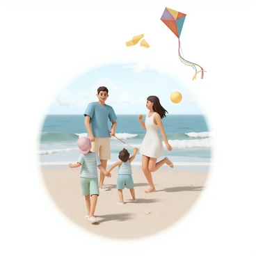 A family of four is gathered on a sandy beach, flying colorful kites. The father, wearing a blue t-shirt and beige shorts, is holding a red kite with a long tail, while the mother, in a white sundress, laughs as she encourages their children. Their young son, wearing a striped shirt and green shorts, is watching his bright yellow kite soar high in the sky. The daughter, wearing a pink hat and a light blue swimsuit, is excitedly running with her multicolored kite, which is now tangled in her long brown hair. The sun is shining brightly, and the waves of the ocean create a beautiful backdrop.