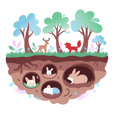 A detailed cross-section of a forest is illustrated, showing various animal habitats both underground and above the surface. Above ground, there are tall trees with thick trunks and a canopy of vibrant leaves. A family of deer is grazing near the base of a tree, while a red fox is nestled in a patch of ferns. 

In the underground area, different burrows are visible, each housing various animals. One burrow is occupied by a family of rabbits, while another features a hedgehog curled up in a cozy nest of leaves. Roots of trees extend deep into the soil, intertwining with the underground habitats. The overall scene is filled with gradient pastel colors, enhancing the serene environment of the forest.