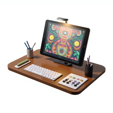 A digital tablet positioned on a sleek wooden desk. The screen of the tablet displays an intricate illustration featuring vibrant colors and detailed patterns. Alongside the tablet, there are various editing tools visible, including a stylus, color palettes, and sliders for adjusting brightness and contrast. The workspace is well-organized, with a soft light illuminating the tablet, highlighting the visual elements on the screen.