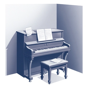 A dusty old piano in a dark room, with sheets of music fluttering in the breeze.