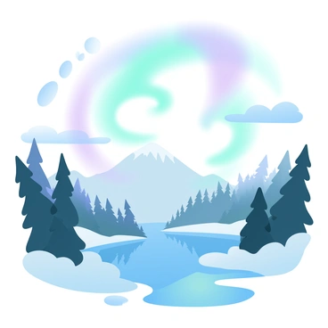 A vibrant display of "green and purple" auroras swirling in the night sky. The "Northern Lights" illuminate the dark landscape below, casting an otherworldly glow across snow-covered mountains and evergreen trees. Wispy clouds drift through the scene, reflecting the vivid colors of the auroras. Below the sky, a tranquil lake mirrors the dazzling light show above, enhancing the serene atmosphere of the moment.