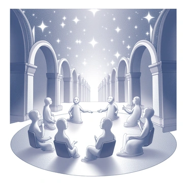 A gathering of ethereal beings within a large, open hall. The beings have flowing forms and are depicted with soft, billowy features. They are seated in a circular arrangement, engaging in an animated discussion. The hall is adorned with intricate architectural elements, resembling grand arches and columns that rise into the distance. The background is filled with numerous stars, creating a sparkling atmosphere that enhances the celestial theme. The ground is smooth and appears reflective, mirroring the forms of the beings above.