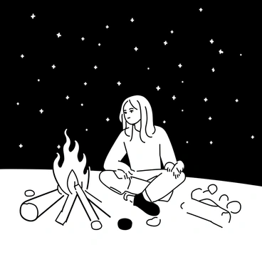 A girl with long hair is sitting cross-legged by a campfire, her face illuminated by the warm glow of the flames. She is wearing a cozy sweater and jeans. The campfire emits bright sparks that dance upwards. The night sky above her is filled with numerous stars, creating a stunning backdrop. Surrounding her are scattered logs and a few stones arranged around the fire.
