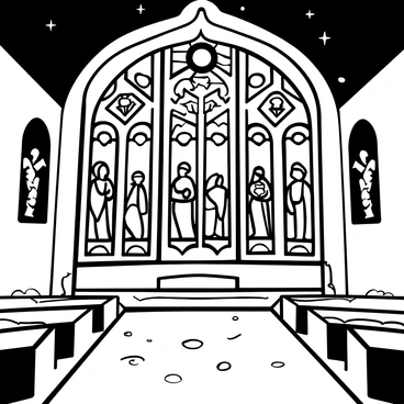 A large stained glass window depicting the resurrection, featuring intricate designs of figures and symbols associated with the event. The window is divided into several sections, each showcasing different scenes related to the resurrection, with detailed patterns surrounding them. Soft, diffused light enters the church through the window, creating shadows and forms on the stone floor beneath it. The church's interior includes wooden pews arranged in straight lines and stone walls that complement the grandeur of the window.