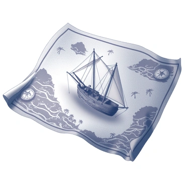 An antique treasure map is displayed prominently, with intricate details and faded lines indicating various terrains and landmarks. In the center of the map, there is a wooden ship, crafted with detailed rigging and sails. The ship is positioned as if it is navigating through the waves, with a sense of movement created by the swirling lines of the waves around it. Surrounding the ship are various symbols such as "X" marks that indicate treasure locations, palm trees, and mountains, adding to the adventurous theme of exploration. The edges of the map are adorned with decorative compasses and a scale, further enhancing the authentic treasure map appearance.