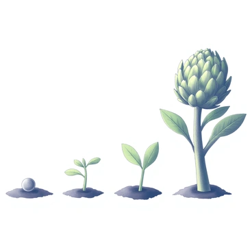 An illustration depicting the growth cycle of an artichoke plant. The image is divided into distinct stages. The first stage shows an artichoke seed nestled in dark soil. The second stage features a small green seedling emerging from the soil, with two delicate leaves unfurling. The third stage presents a more developed seedling with several leaves, showcasing the plant's growth. The fourth stage illustrates a mature artichoke plant with a tall stem and a cluster of large, green artichokes at the top. Each stage is labeled with its corresponding title, clearly marking the progression from seed to full plant.