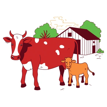 A red cow with white spots stands proudly next to a small orange calf in front of a traditional farm. The larger cow has its head slightly lowered, as if posing for the photo, while the calf bounces excitedly beside it. In the background, there is a rustic white barn and a couple of green trees framing the scene. The sun casts a warm light, enhancing the cheerful atmosphere of the moment.