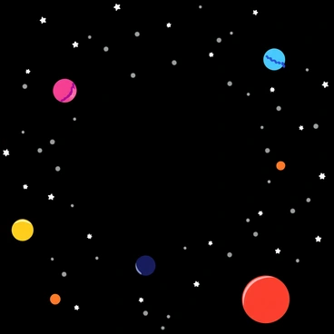 A vast galaxy filled with a deep black background scattered with bright white stars. In the foreground, there are several solid-colored planets, each showcasing vibrant hues such as bright red, deep blue, and sunny yellow. The planets vary in size and texture, with some appearing smooth and others featuring rugged surfaces. Each planet is positioned at different angles and distances, creating a dynamic composition within the cosmic scene. The stars twinkle against the dark backdrop, adding a sense of depth to the expansive space.