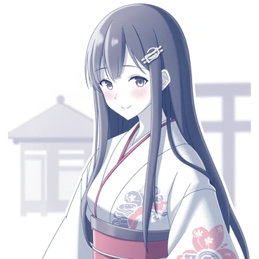 A close-up portrait of a miko. She has long, dark hair that flows down her back, with a decorative kanzashi hairpin holding a few strands in place. Her facial expression is soft and gentle, revealing a peaceful smile. She is dressed in traditional attire, which includes a white kimono with wide sleeves and a red hakama. The kimono is adorned with intricate patterns of flowers and waves, showcasing detailed craftsmanship. The background is filled with soft, blurred shapes that suggest a serene temple environment.