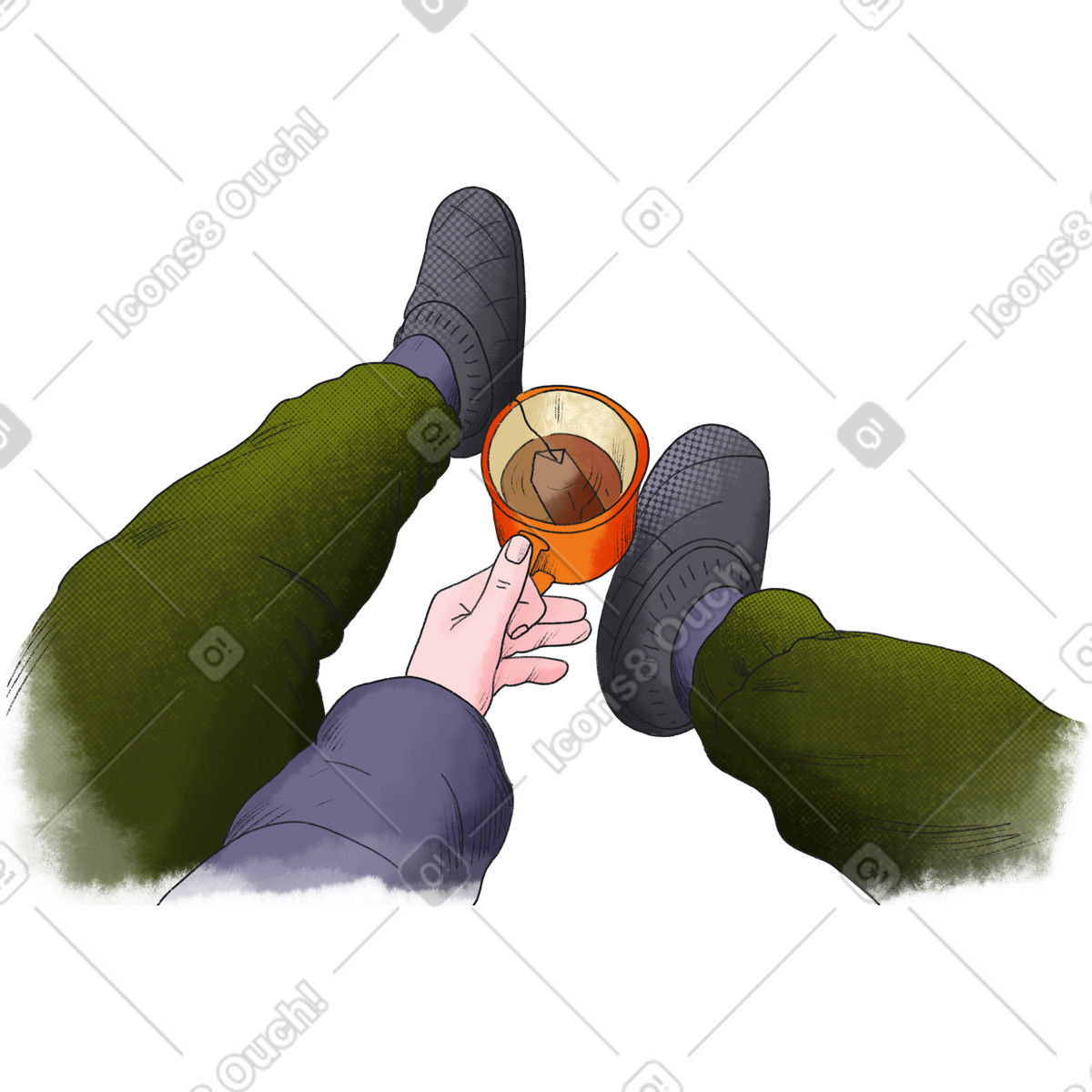 Ilustración Legs of a traveler with mug in his hand en estilo Moments descargar en PNG y SVG