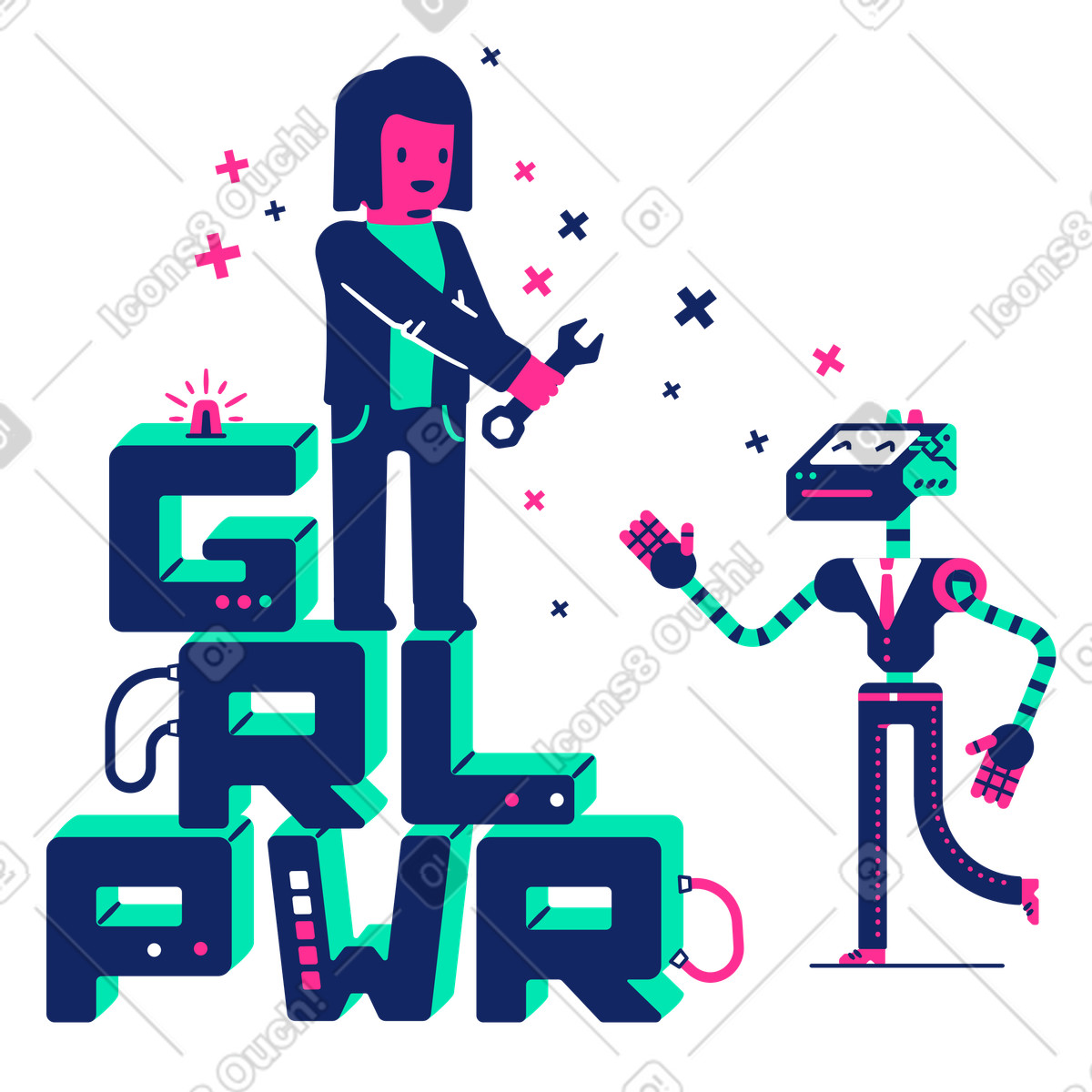 Иллюстрация Надпись girl power с роботом и девочкой в стиле Cyborg — скачать в форматах PNG, SVG