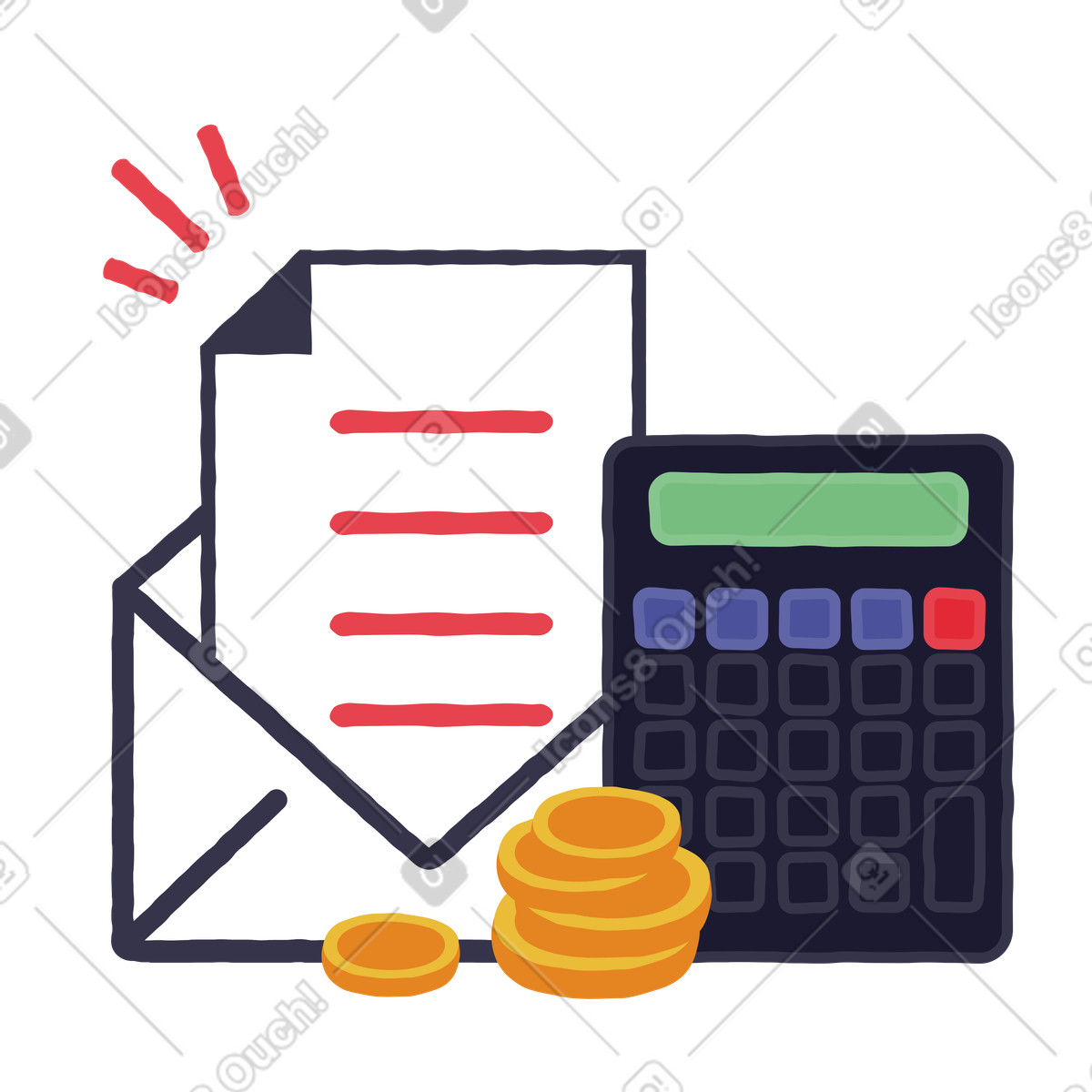 Ilustração de Calculadora, moedas e envelope com notas em no estilo Stripy para baixar em PNG, SVG