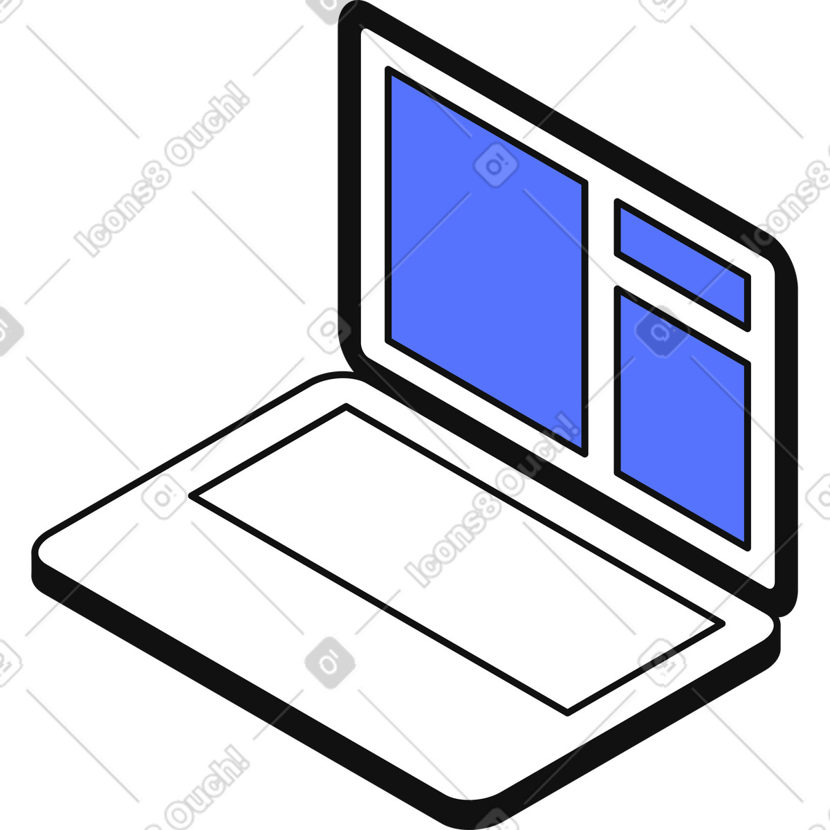 Main スタイルの Laptop showing dashboard layout with multiple content frames on screen のイラストをPNG、SVG形式でダウンロード